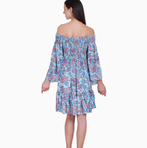 Blue Paisley Boho Short Dress