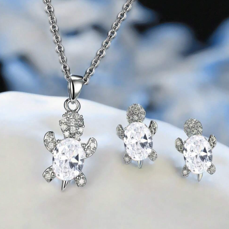 (NEW!) Sparkling Sea Turtle Earrings & Necklace Set (2 colors)