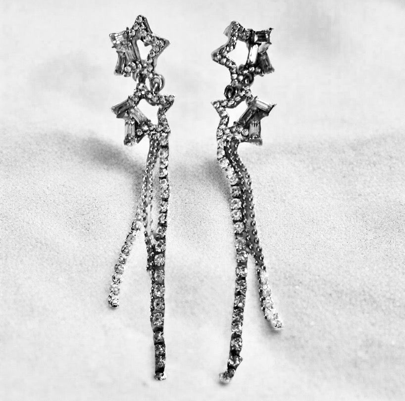 Double Star Drop Silver Earrings