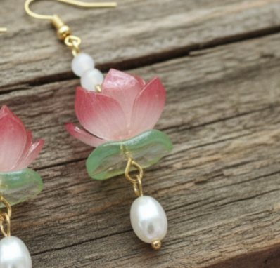 Soft Pink Flower Earrings with 'Pearl' Accents