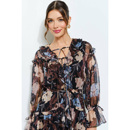 Cream Floral Print Frill Chiffon Wrap Mini Dress