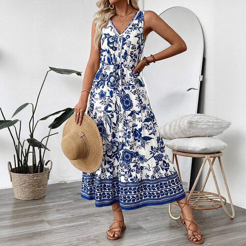 Boho Blue Floral Maxi Dress