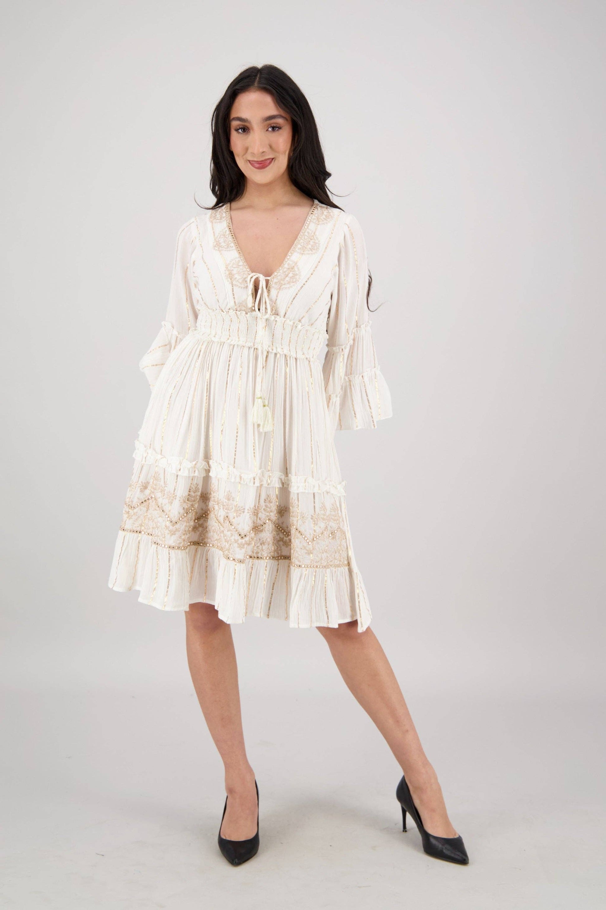 white long sleeve tassel dress white fringe dress long sleeve Larisa White Printed Sequin Long Sleeve Dress - L Size