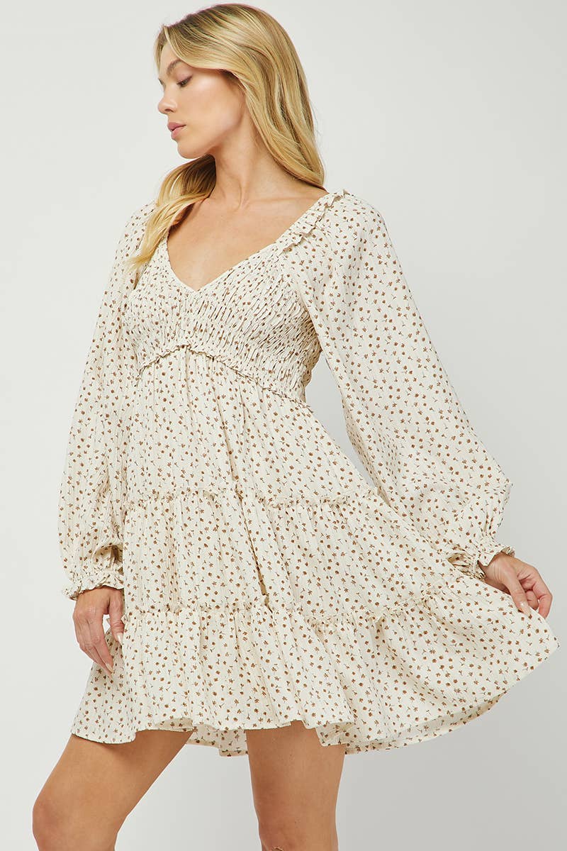 NEW: 70s Floral Smocked Tiered Mini Dress