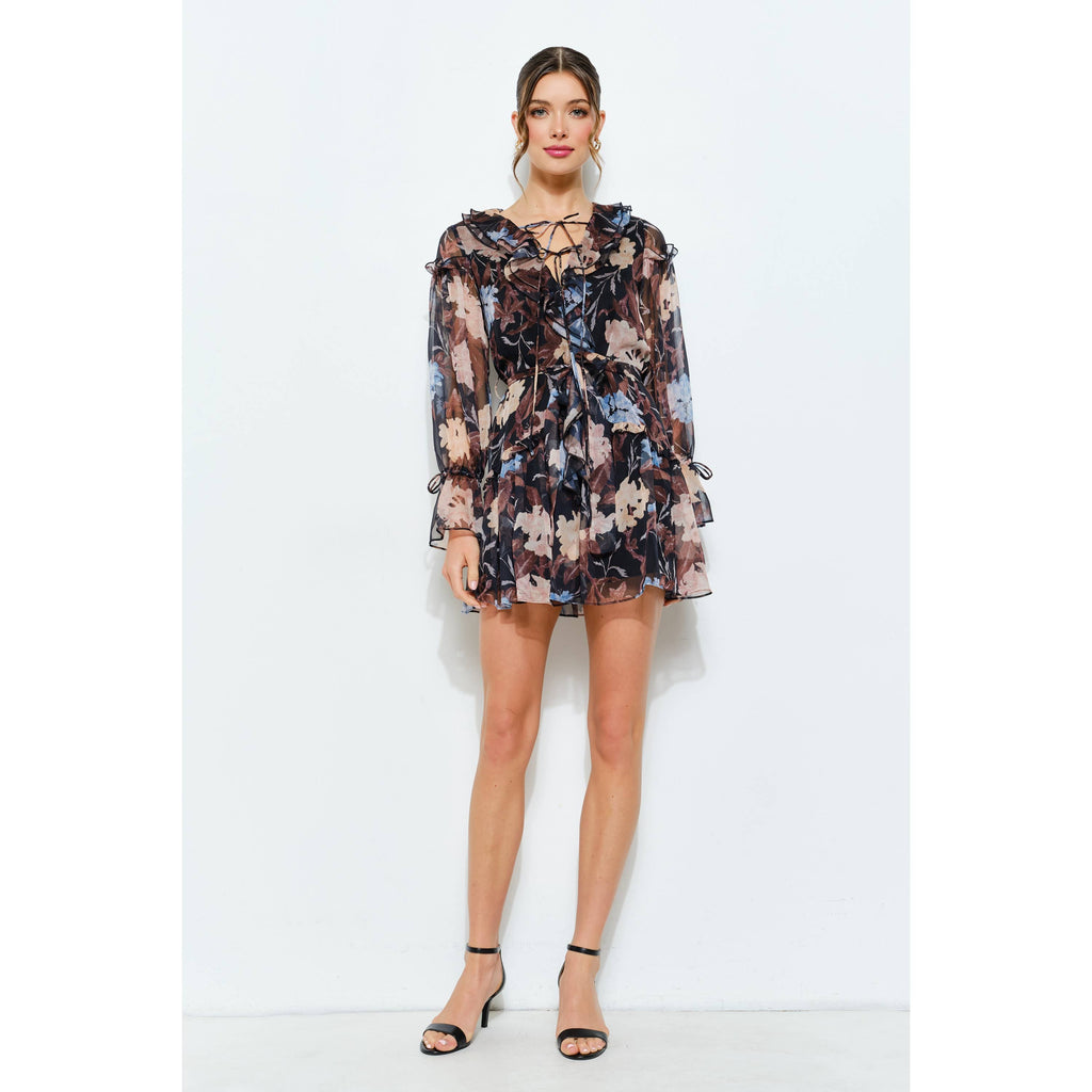 Floral Print Frill Chiffon Wrap Mini Dress (2 Colors)