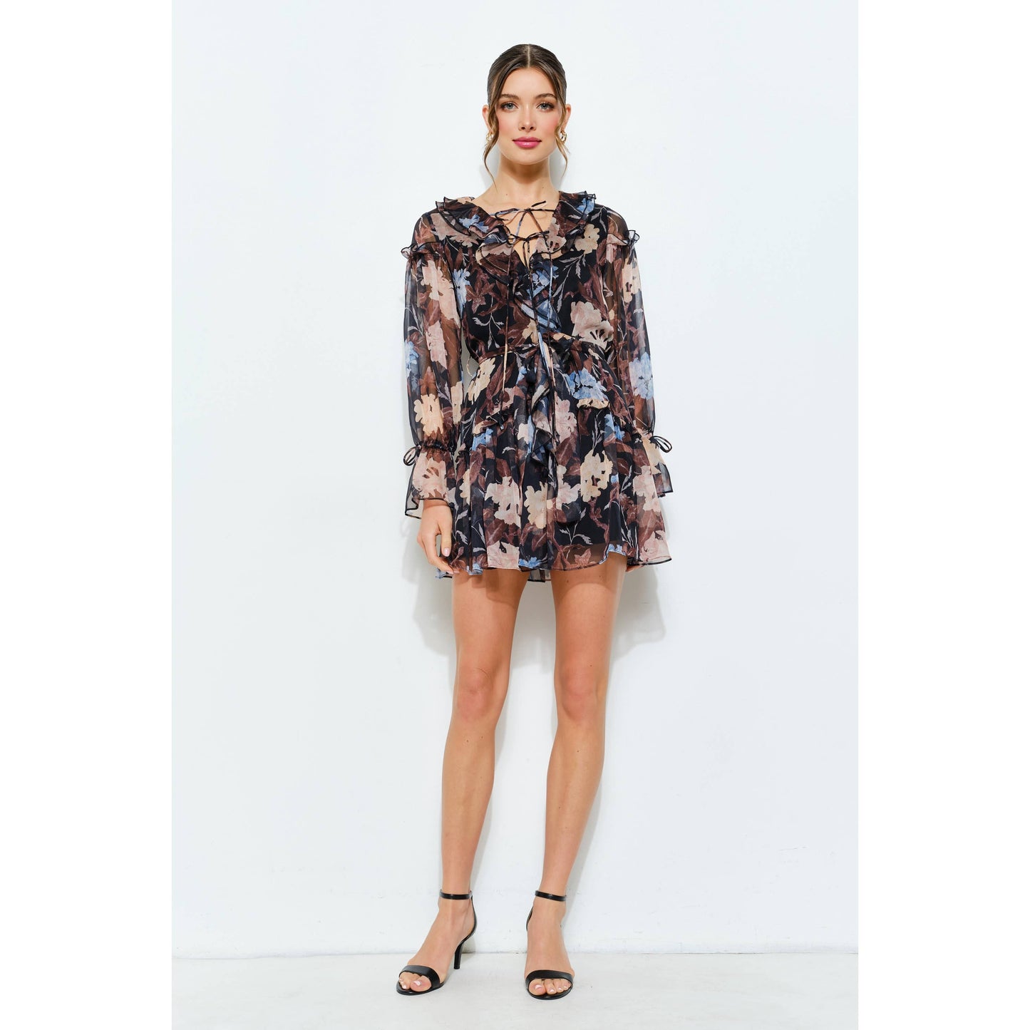 Cream Floral Print Frill Chiffon Wrap Mini Dress
