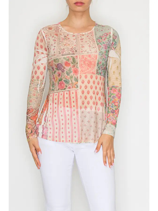 Origami Floral Patchwork Mesh Top