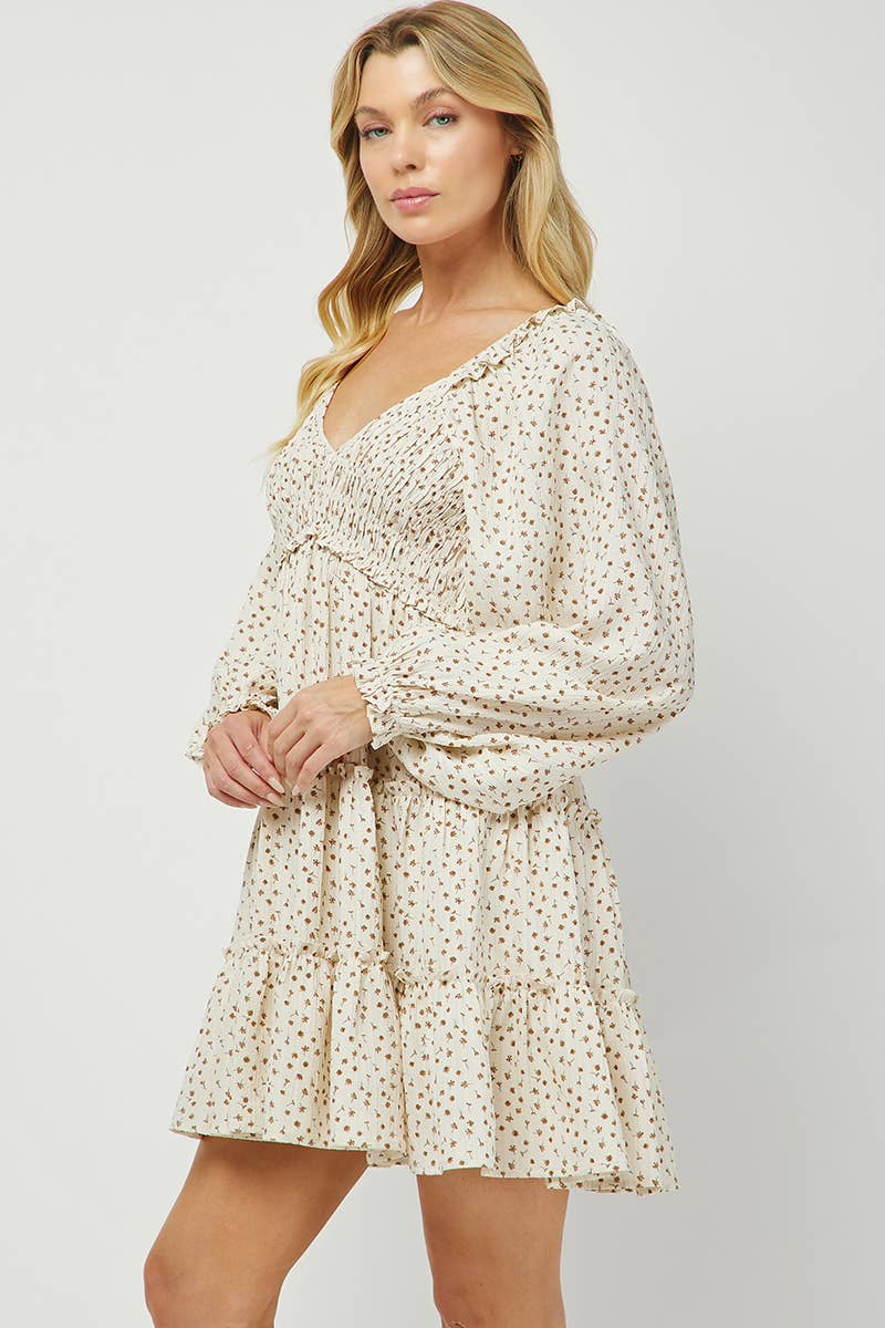 NEW: 70s Floral Smocked Tiered Mini Dress