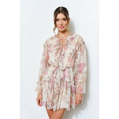Cream Floral Print Frill Chiffon Wrap Mini Dress