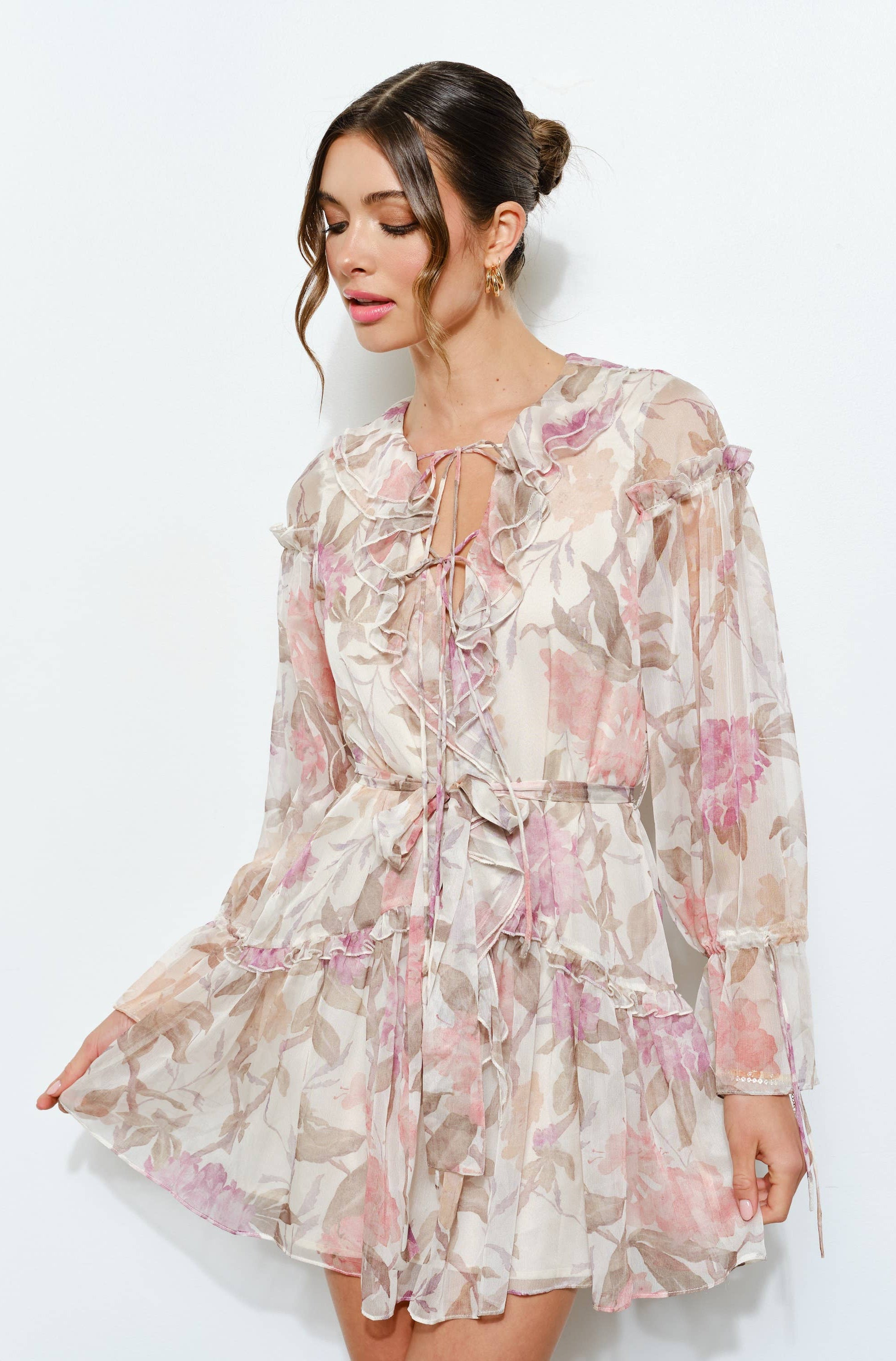 Floral Print Frill Chiffon Wrap Mini Dress (2 Colors)