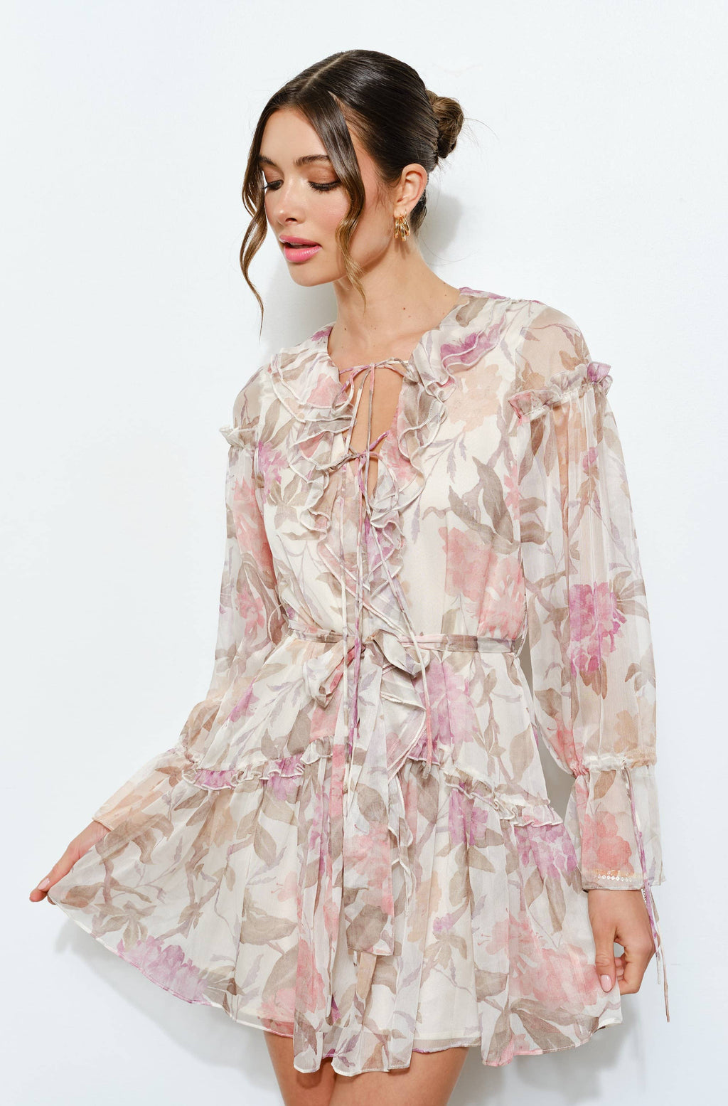 Floral Print Frill Chiffon Wrap Mini Dress (2 Colors)