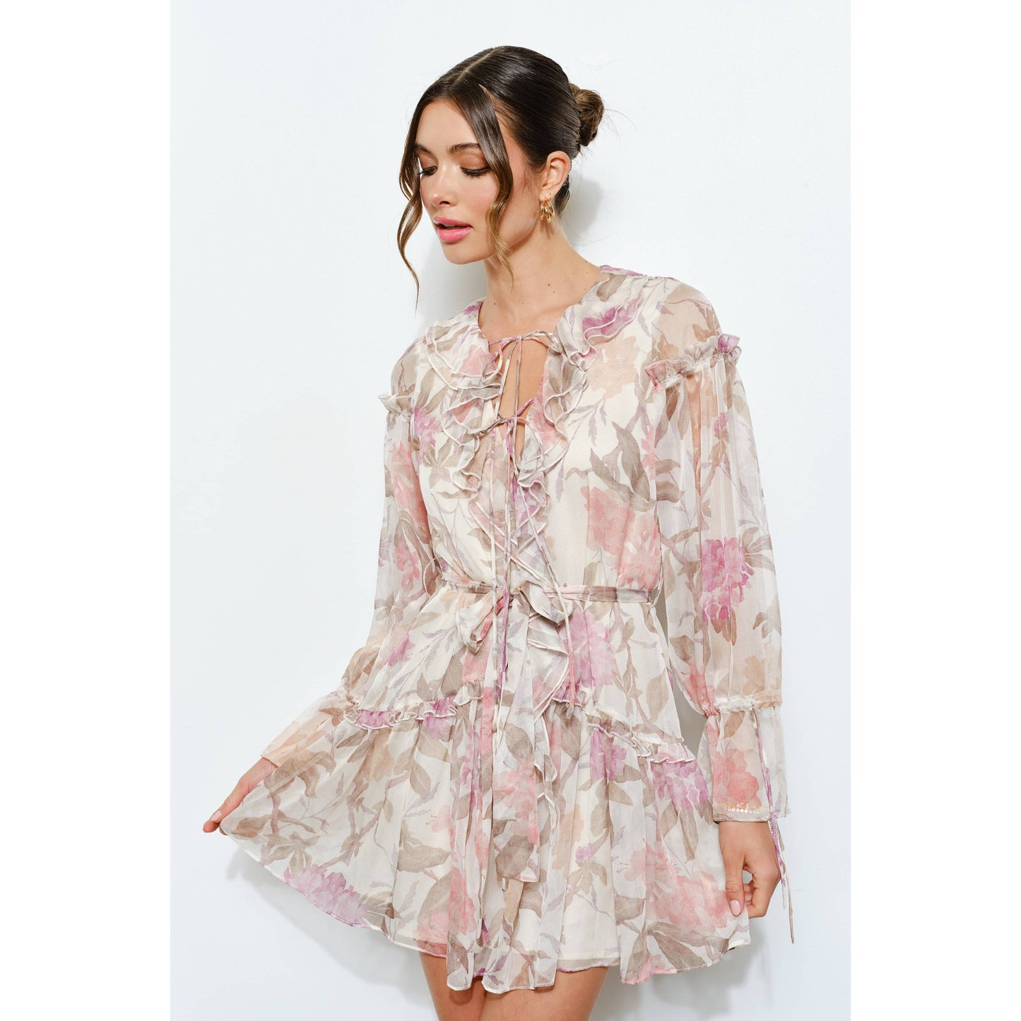 Cream Floral Print Frill Chiffon Wrap Mini Dress