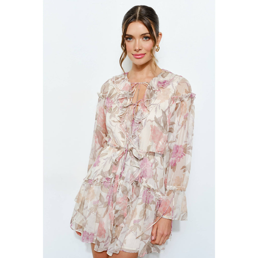 Floral Print Frill Chiffon Wrap Mini Dress (2 Colors)