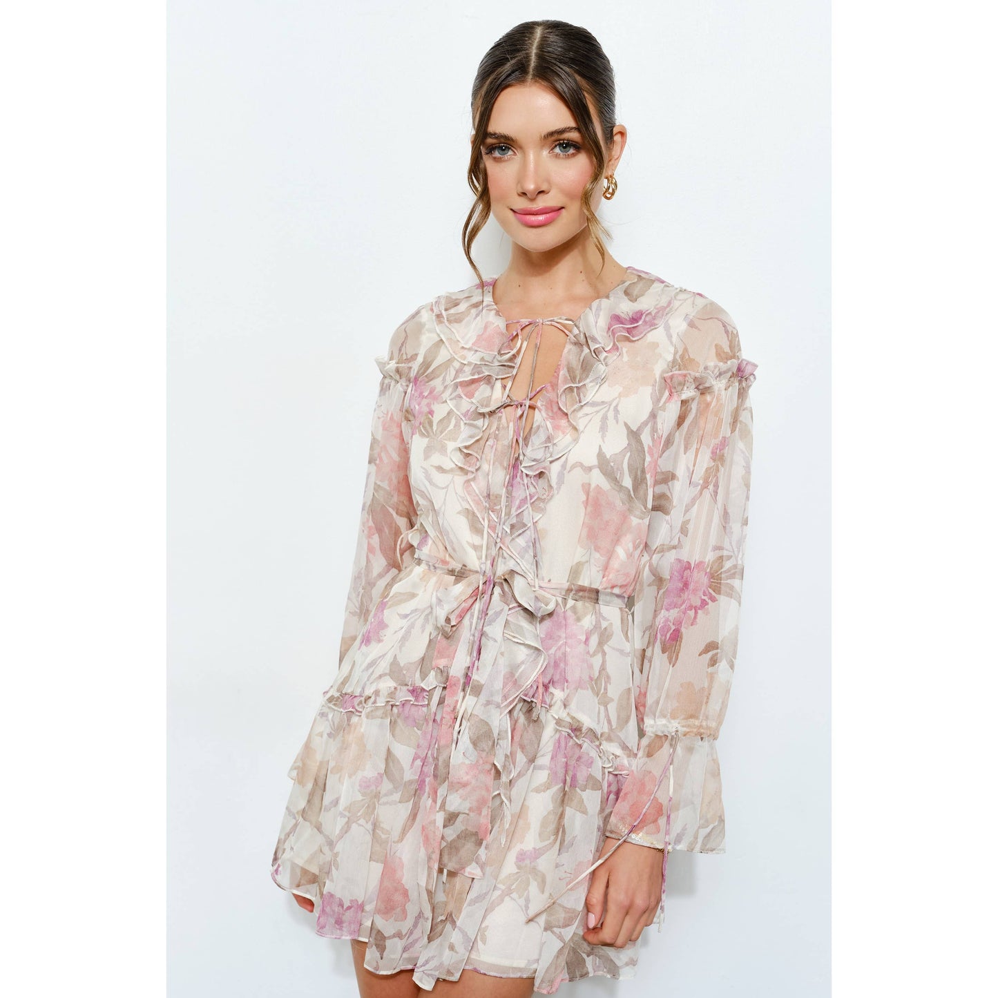 Cream Floral Print Frill Chiffon Wrap Mini Dress
